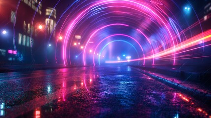 Fototapeta premium Neon Lit Street with Futuristic Light Trails at Night Cityscape