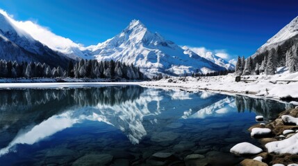 Photograph of a frozen lake surrounded by snow-capped mountains, reflecting the clear blue sky and the peaks above