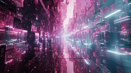 Fototapeta premium Photograph of a futuristic cityscape with sleek metallic buildings and structures reflecting the soft glow of the neon lights, creating a mesmerizing and otherworldly ambiance.