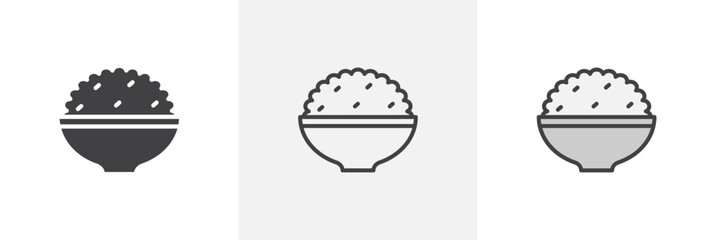 Bowl rice flat thin line icon collection.