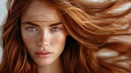 Naklejka premium Portrait of a model girl with radiant, smooth skin and healthy, glossy hair. Her natural beauty is emphasized by soft studio lighting, making her ideal for showcasing care and hair products. The