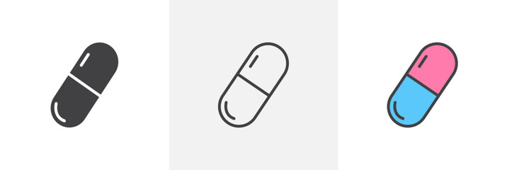 Capsules flat thin line icon collection.