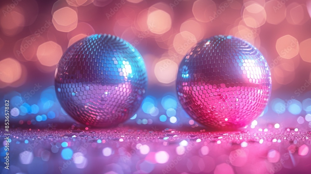 Poster the shiny surfaces of two disco balls are featured with a sparkling bokeh background, symbolizing pa