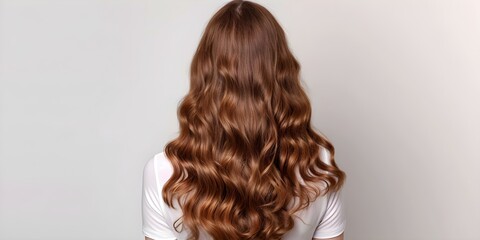Fototapeta premium Woman with Long Shiny Curly Hair Seen from Behind. Concept Long Curly Hair, Woman, Shiny Hair, Hair from Behind, Hairstyle