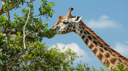 Obraz premium Photograph of a majestic giraffe reaching for the leaves of a tree, its long neck stretching towards the sky,