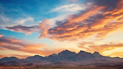 Photograph of a majestic mountain range bathed in the warm hues of a golden sunset, with a clear blue sky and wispy clouds above.