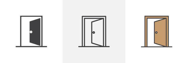 Door open flat thin line icon collection.