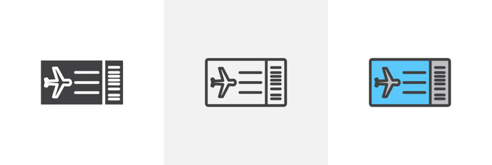 Ticket airline flat thin line icon collection.