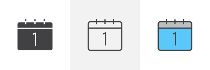 Calendar day flat thin line icon collection.