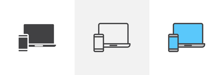 Laptop and Mobile flat thin line icon collection.