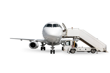 Front view of the white passenger jet plane with boarding stairs isolated