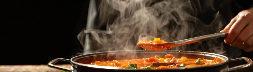Hand stirring a pot of vibrant soup on a wooden table, with a black background and flash photography enhancing the colors and steam, space for text