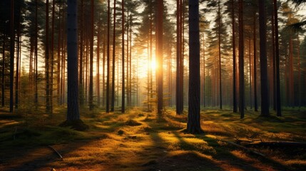 Fototapeta premium Photograph of a serene pine forest bathed in the warm hues of a setting sun, with long shadows stretching across the forest floo
