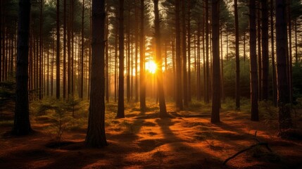 Fototapeta premium Photograph of a serene pine forest bathed in the warm hues of a setting sun, with long shadows stretching across the forest floo