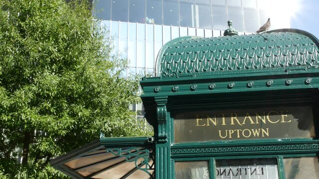 New York City subway, Astor Place underground metro, green iron kiosk. Metropolitan vintage entrance, public passenger transport retro historic exit. NYC old architecture, Manhattan, United States.