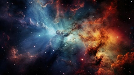 Photograph of a swirling, vibrant nebula with a central star cluster, set against a backdrop of cosmic dust and distant galaxies