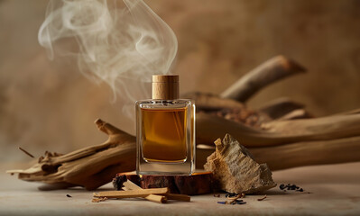 Arabian Oud Perfume perfume Oil in elegant beige  wooden background  with fume with Incense Chipsa gainst a background of driftwood, natural shade background