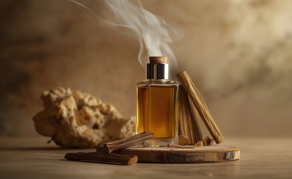 Arabian agarwood perfume with Incense Chips on beige background, arabian out Transparent perfume bottle near the aged weathered wooden snag and stones. Perfume with woody notes concept. 