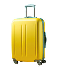 Isolated image of a suitcase on a transparent background. Yellow Travel Bag on Wheels