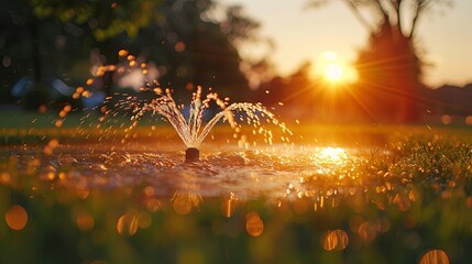 Using an automatic irrigation sprinkler to water the lawn during sunset, highlighting lawn care and gardening practices