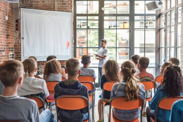 Students attentively listening in a classroom with a teacher presenting at the front, educational environment