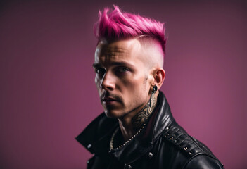 Obraz premium portrait of a man in a punk outfit with dark pink hair shaved on the side, isolated white background