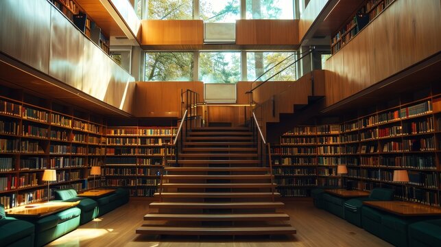 Library with a geometric staircase in forest green, flanked by bookshelves, stunning architectural design, warm lighting
