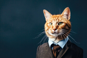 A red-haired cat in a business suit, portrait on a dark background, close-up view