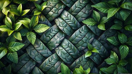 Fototapeta premium A detailed aerial image of chevron pathways in a lush green maze garden. The chevron patterns create a striking visual contrast with the rich greenery, offering a captivating view from above. 