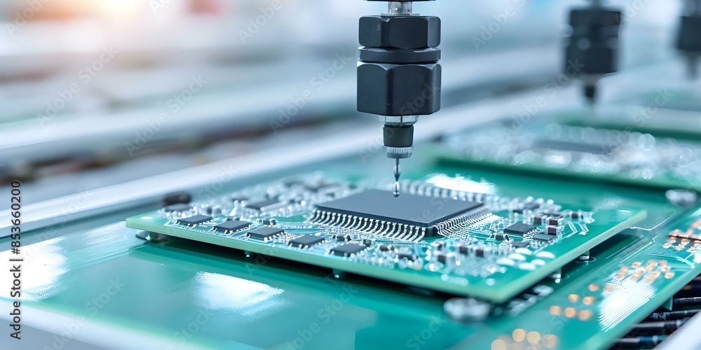 Poster automated production of printed circuit boards in an industrial tech environment. concept circuit bo