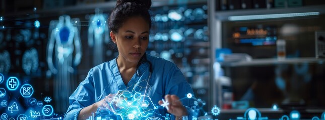Nurse in blue scrubs working with futuristic technology in a modern medical office