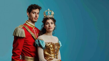 Fototapeta premium Prince and princess on a simple blue background. The queen in a crown and a dress, the king without a crown look into the frame. Studio photo of models in suits