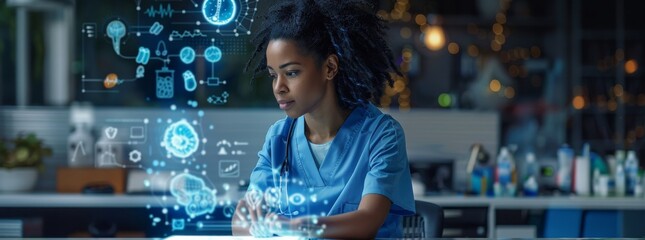 Young nurse in blue scrubs working at a desk with futuristic digital medical interface