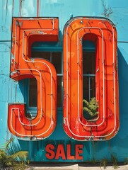 bold letters spelling out 50 off Sale against a striking solid backdrop