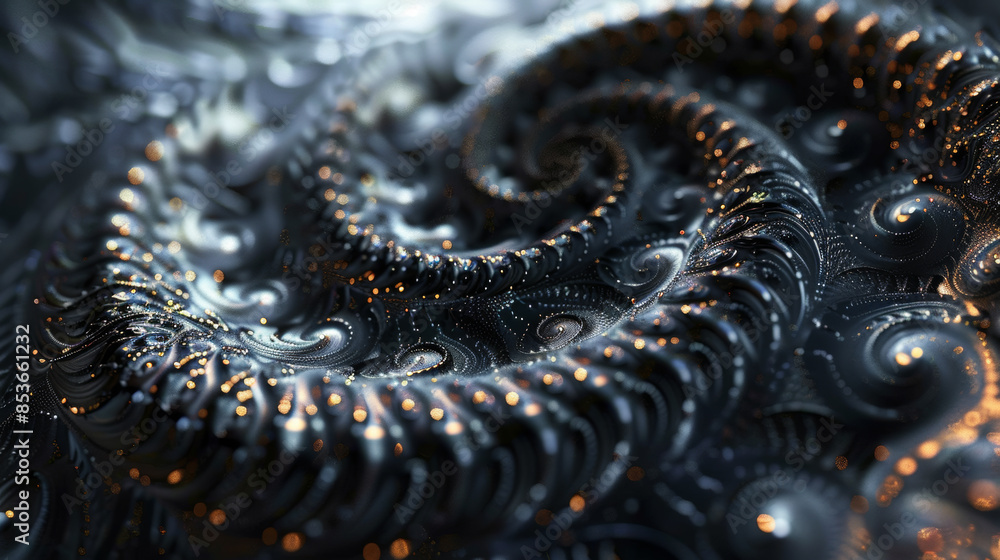 Poster abstract dark 3d rendering featuring swirling, metallic shapes and intricate patterns generative ai