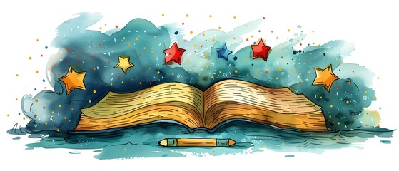 Book review clipart with stars and a pen rating a book