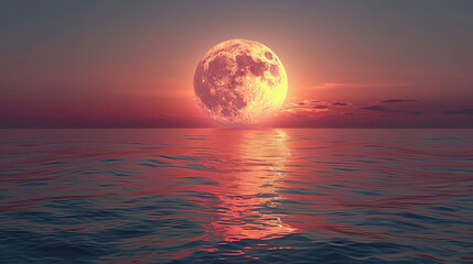 Obraz premium Large Full Moon in the Sky Over Ocean, Glowing Pink and Orange Against Pale Purple Background, Reflection on Water, No Other Elements or People Visible, High-Resolution and Serene