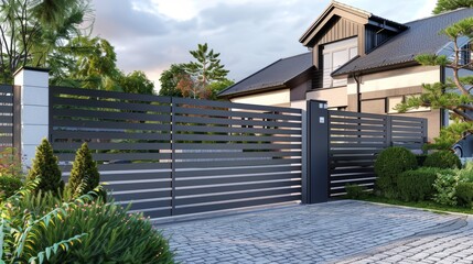 Stylish modern fence in anthracite with a sliding gate, urban setting, high-quality finish, elegant design