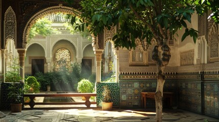 Tranquil mosque courtyard, detailed decorations, a lush green tree, soft sunlight filtering through