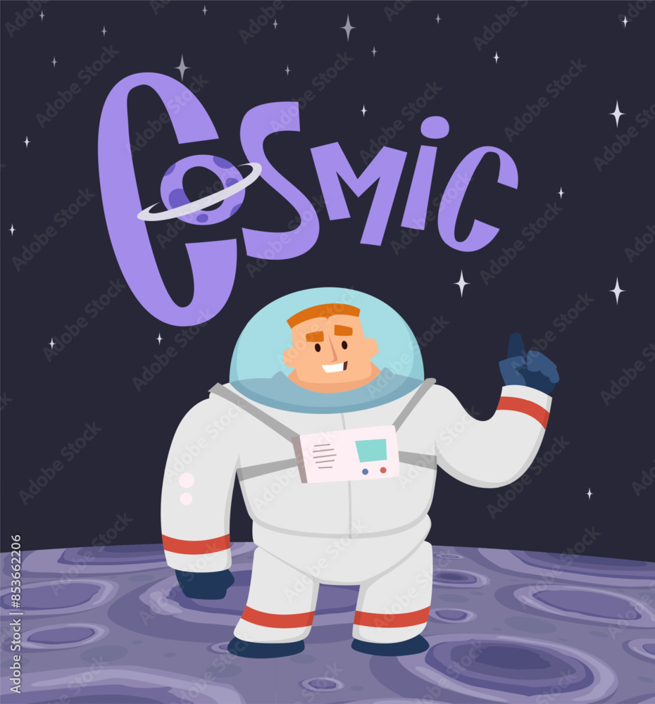 Aufkleber astronaut cartoon background character space exploring standing and pointing