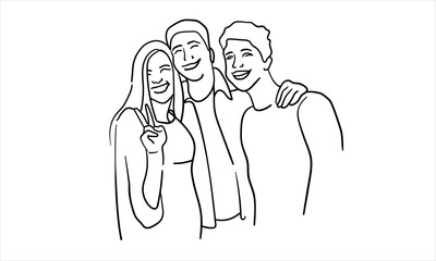 Three friends taking pictures, teenagers hugging continuous line art drawing isolated on white background. Vector illustration