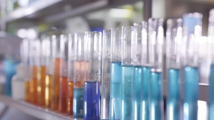 science laboratory, close up of colorful chemical test tubes 