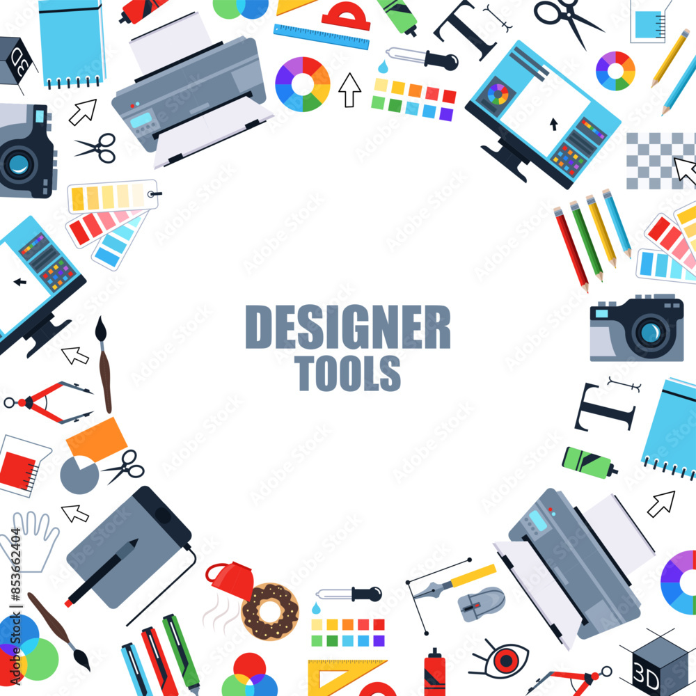 Poster design tools. tablet camera color wheel pantone palette circle background with place for text