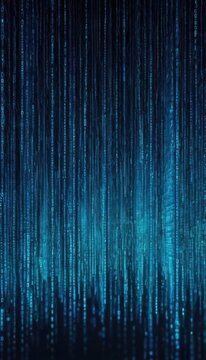 Cascading blue binary code on a dark canvas, depicting the immersive experience of the digital universe