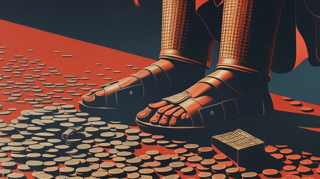 Darius III desperately clinging to the riches of the crumbling Persian empire, trampled by a Hellenistic conquerors boot amid scattered coinage