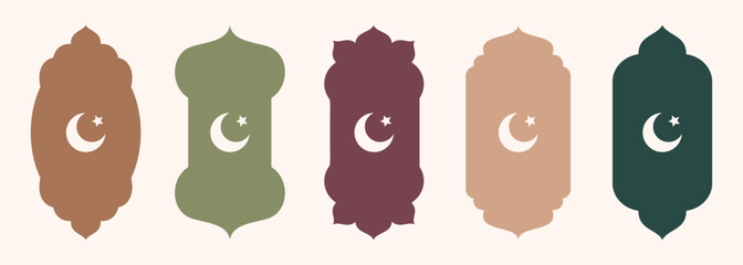 Shape Islamic door and window silhouette Arabic arch with crescent moon. Collection of patterns in oriental style. Frames in Arabic Muslim design for Ramadan Kareem. Vector mosque gate isolated on