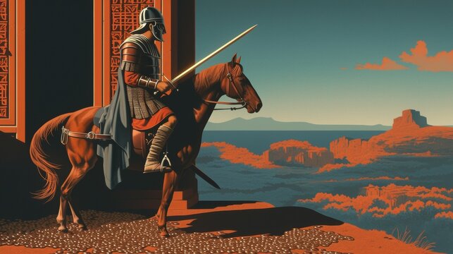 Alaric the Visigoth king grasping a sword and sack of plundered Roman coins, his horses hooves grinding symbols of law underfoot