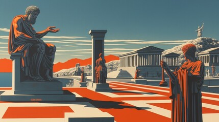 Plato describing the ideal republic with one hand while the other cradles a judges gavel, as allegorical figures representing justice and commerce look on