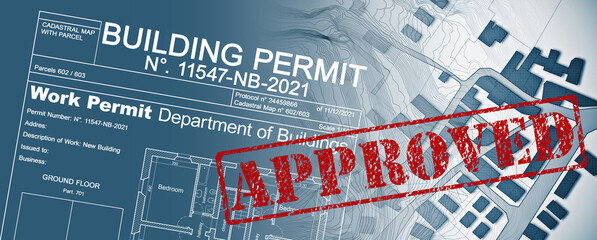 Approved Buildings Permit concept in buildings activity with approved residential building project and imaginary cadastral map