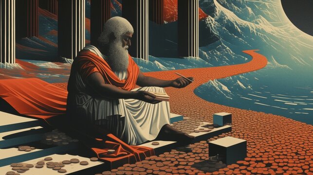 Heraclitus the Obscure contemplating the eternal flux of economic forces amid rivers of coins and shattered scales and columns